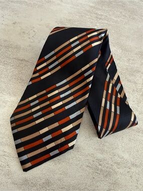 Classic Black Tie with Rust and Beige Geometric Stripes